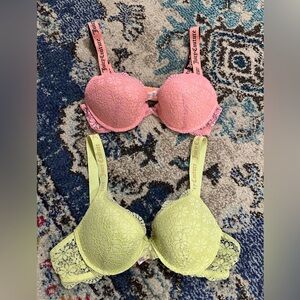Lot of 2: Juicy Couture Push-up Bras with Lace Overlay. Orange & Lime,34B & 36B